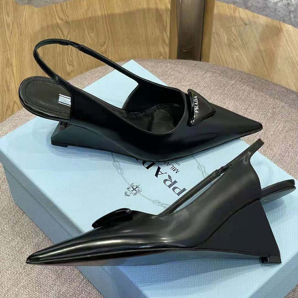 Prada Women Brushed Leather Slingback Pumps in 65mm Heel-Black