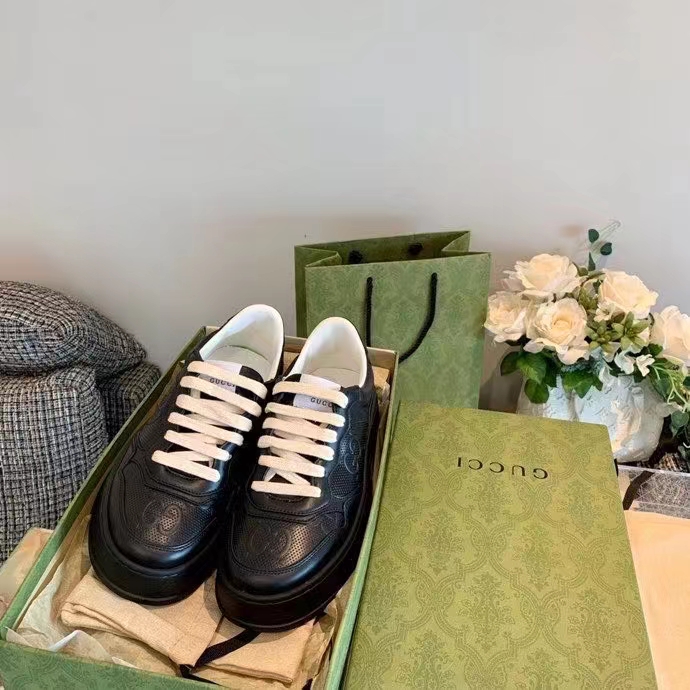 Gucci Unisex Ace GG Embossed Sneaker Black GG Embossed Leather Rubber Sole