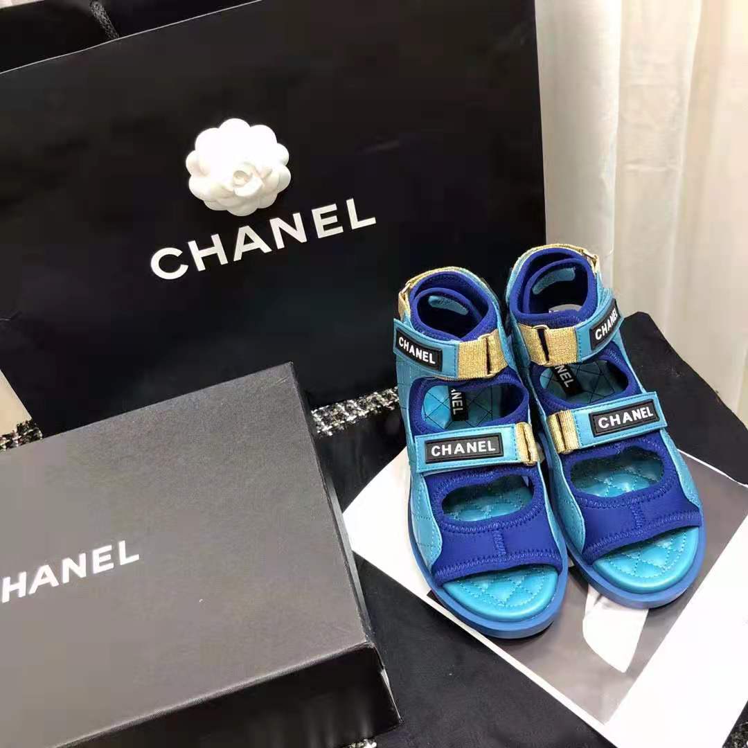Chanel Women Sandals Goatskin Fabric & TPU Blue Dark Blue & Black