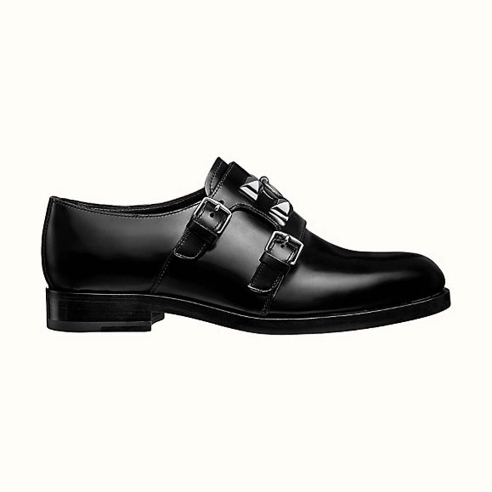 Hermes Women Stanford Derby Shoe Tuscan Calfskin Double Buckle-Black