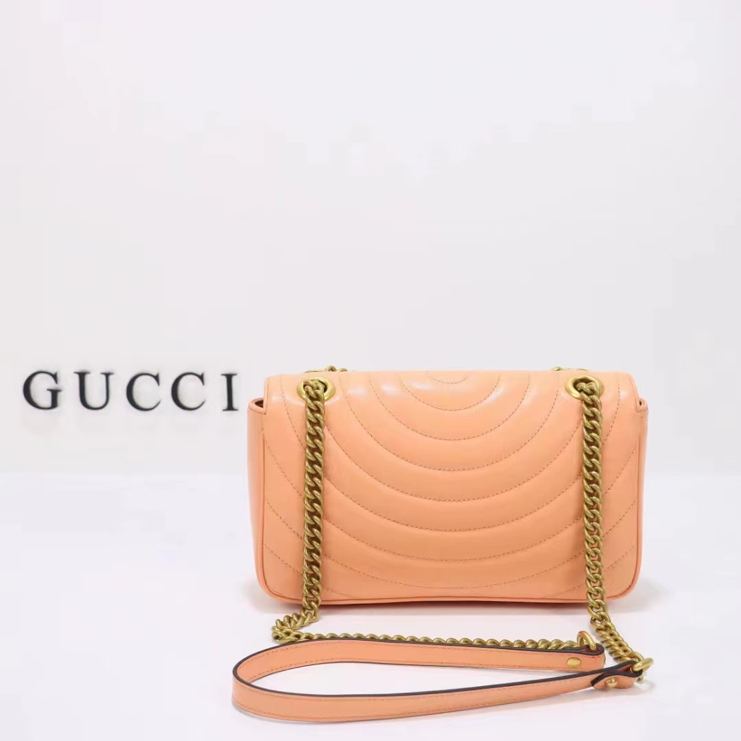 Gucci Women GG Marmont Small Shoulder Bag Peach Matelassé Round Vertical Matelassé Leather