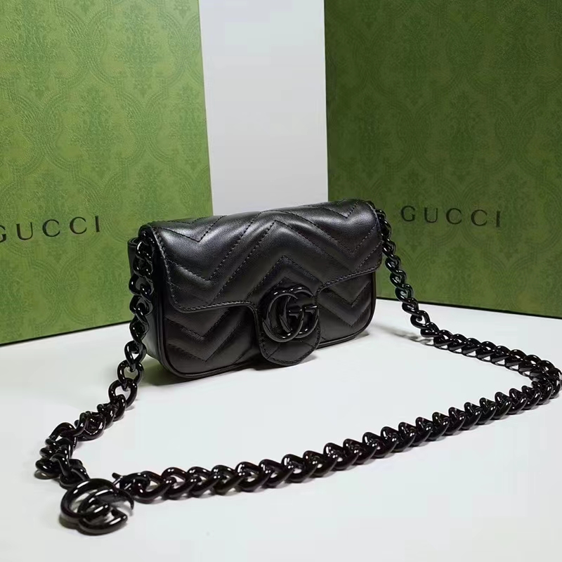 Gucci Women GG Marmont Belt Bag Black Chevron Matelassé Leather Double G