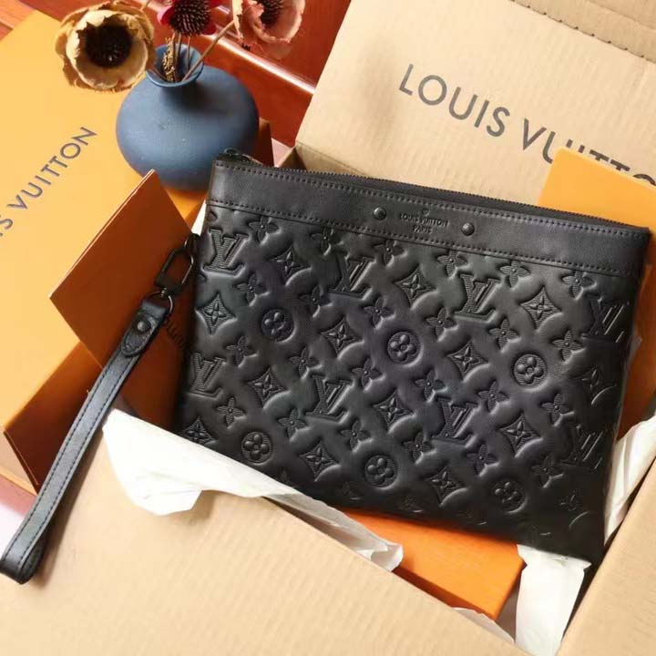 Louis Vuitton LV Unisex Discovery Pochette Black Monogram Shadow Calf Leather