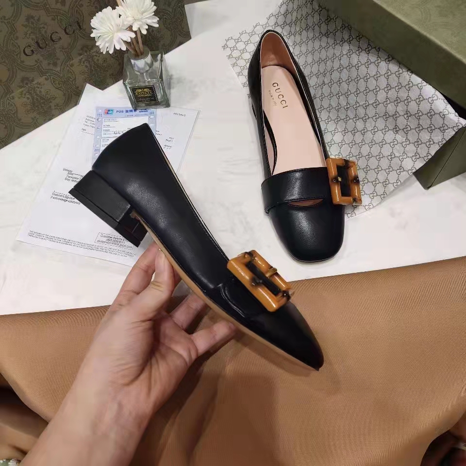 Gucci Women’s GG Ballet Flat Bamboo Buckle Black Leather Round Toe Chunky Heel