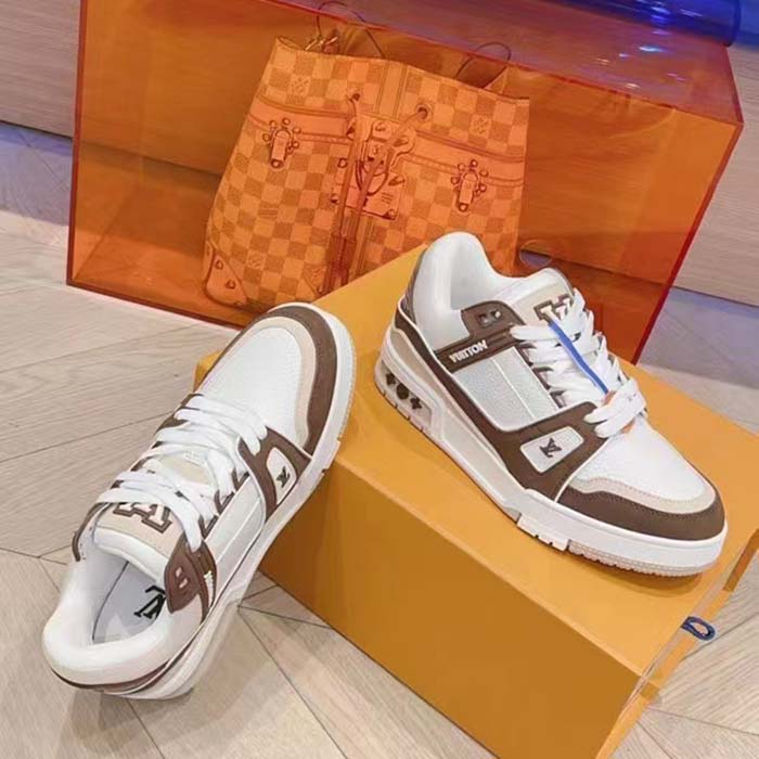 Louis Vuitton Unisex LV Trainer Sneaker Moka Brown Nubuck Grained Calf Leather Rubber Initials