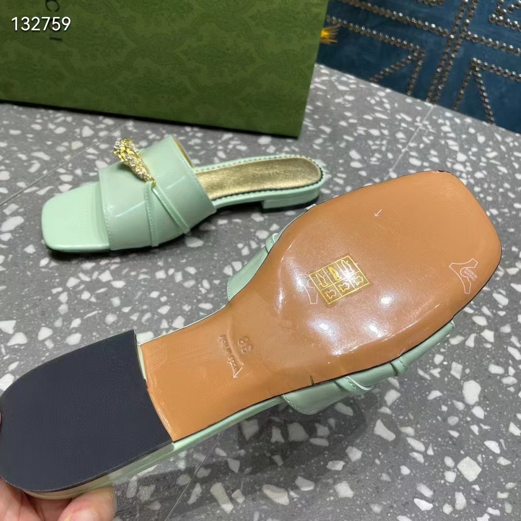Gucci Women GG Slide Sandal Tiger Head Light Green Leather Flat