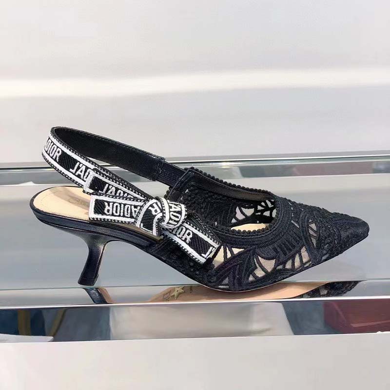 Dior Women CD J’Adior Slingback Pump Black Macramé Embroidered Cotton 6.5 Cm Heel
