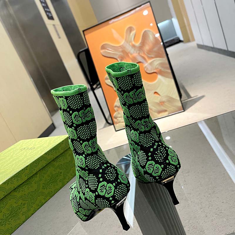 Gucci Women GG Knit Ankle Boots Black Green GG Technical Fabric Leather Mid-Heel