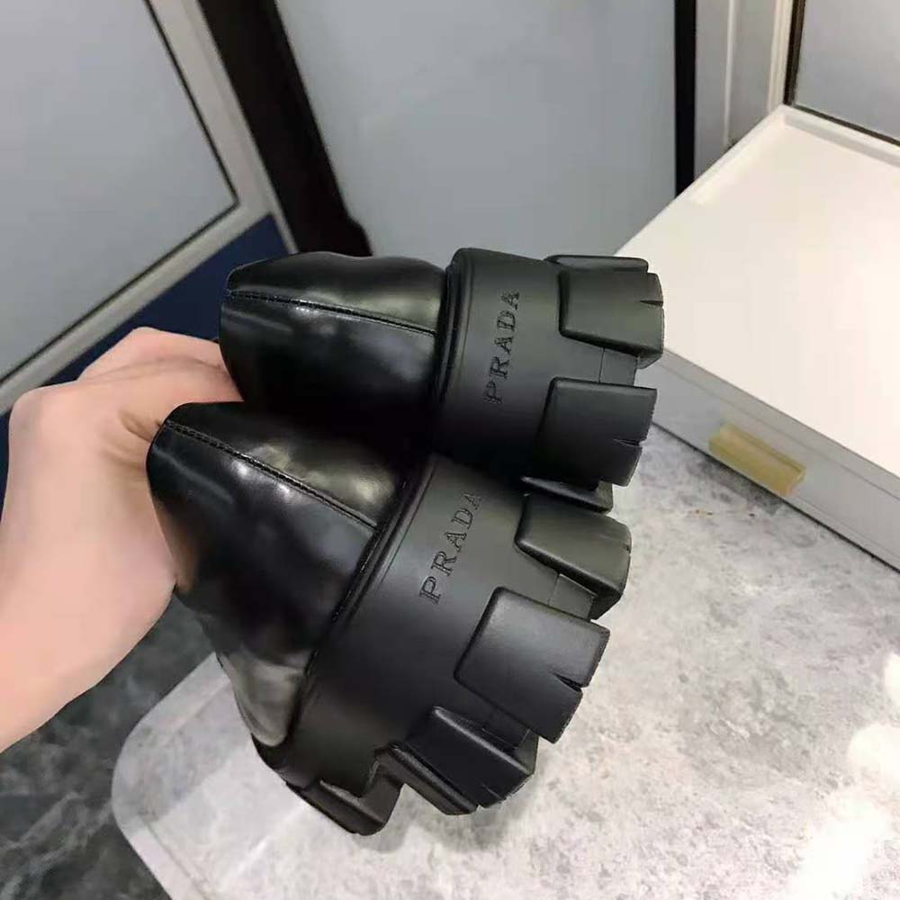 Prada Women Monolith Brushed Calf Leather Lace-Up Shoes-Black