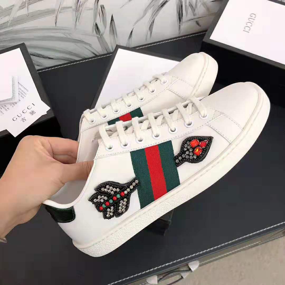 Gucci Unisex Ace Embroidered Sneaker with Arrow Appliqués-White