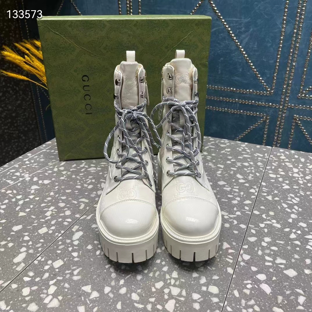 Gucci Women’s Matelassé Lace-Up Boot Off White GG Matelassé Leather Low-Heel