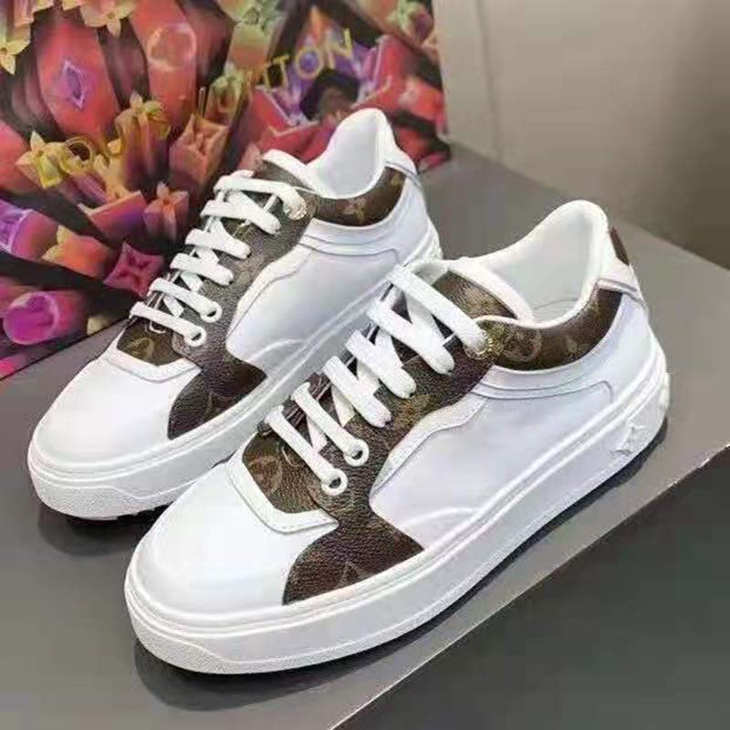 Louis Vuitton LV Unisex Time Out Sneaker Cacao Brown Calf Leather Patent Monogram Canvas