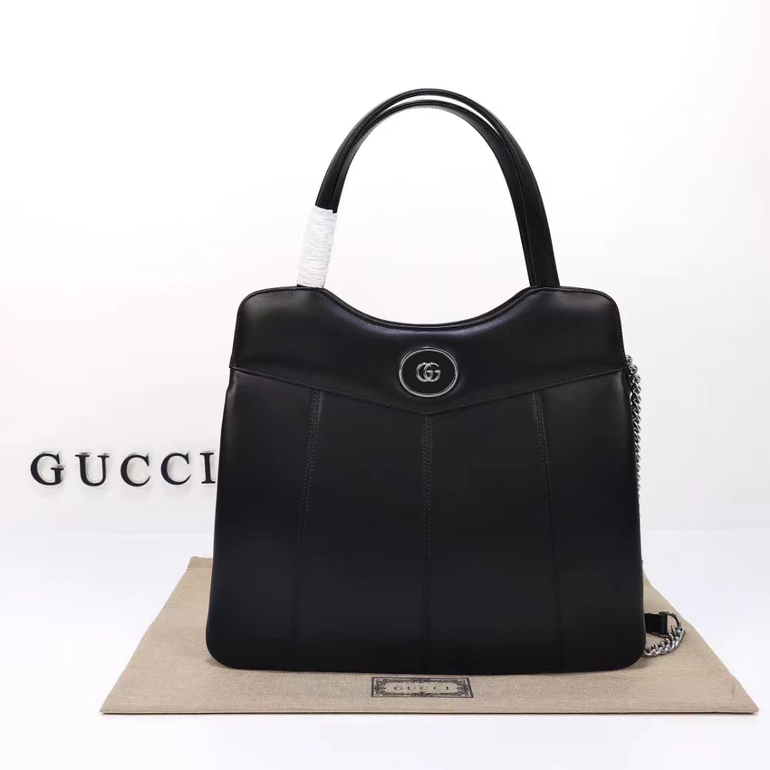 Gucci Women Petite GG Medium Tote Bag Black Leather Double G Zip Closure