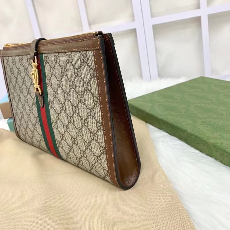 Gucci Unisex GG Jackie 1961 Pouch Beige Ebony GG Supreme Canvas Zipper Closure