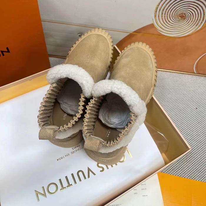 Louis Vuitton Women Shoes LV Ruby Flat Ankle Boot Beige Suede Calf Leather Shearling