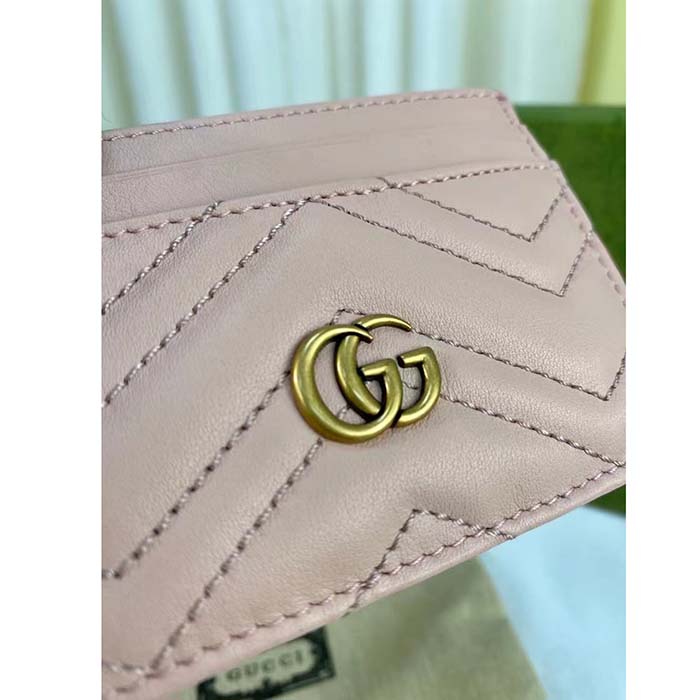 Gucci Unisex GG Marmont Matelassé Card Case Rose Beige Chevron Leather Double G