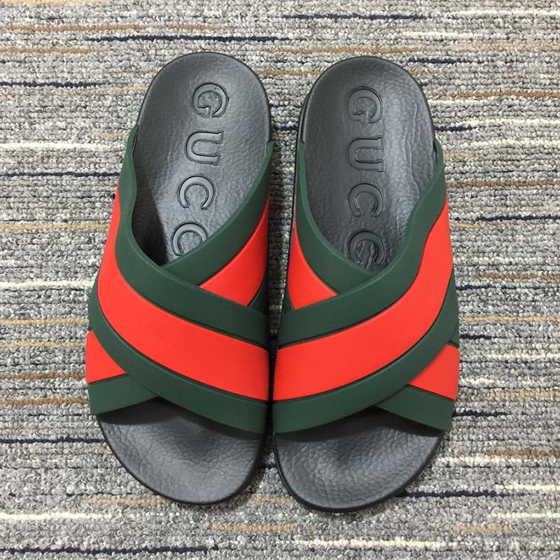 Gucci Unisex Web Slide Sandal Green Red Rubber Web Rubber Sole Low Heel