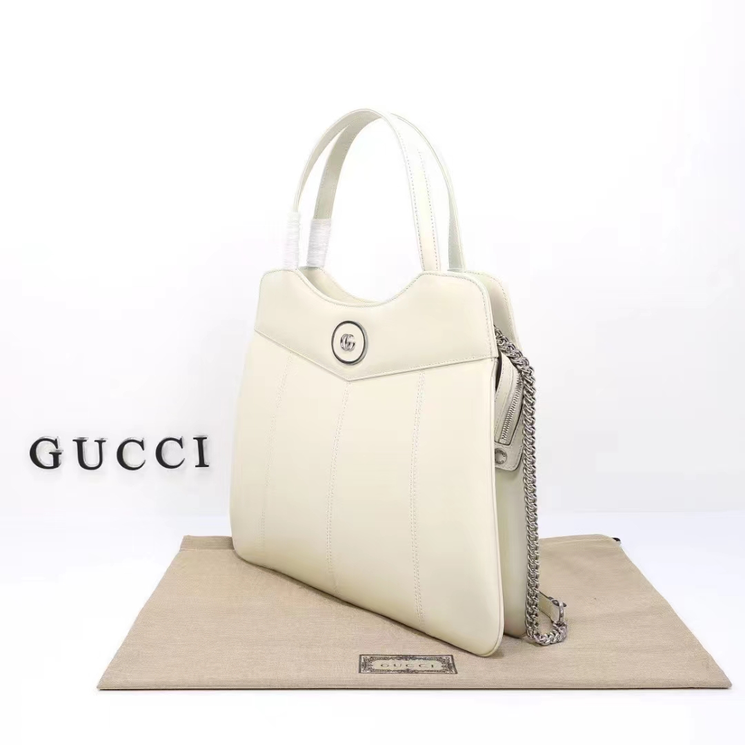 Gucci Women Petite GG Medium Tote Bag White Leather Double G Zip Closure