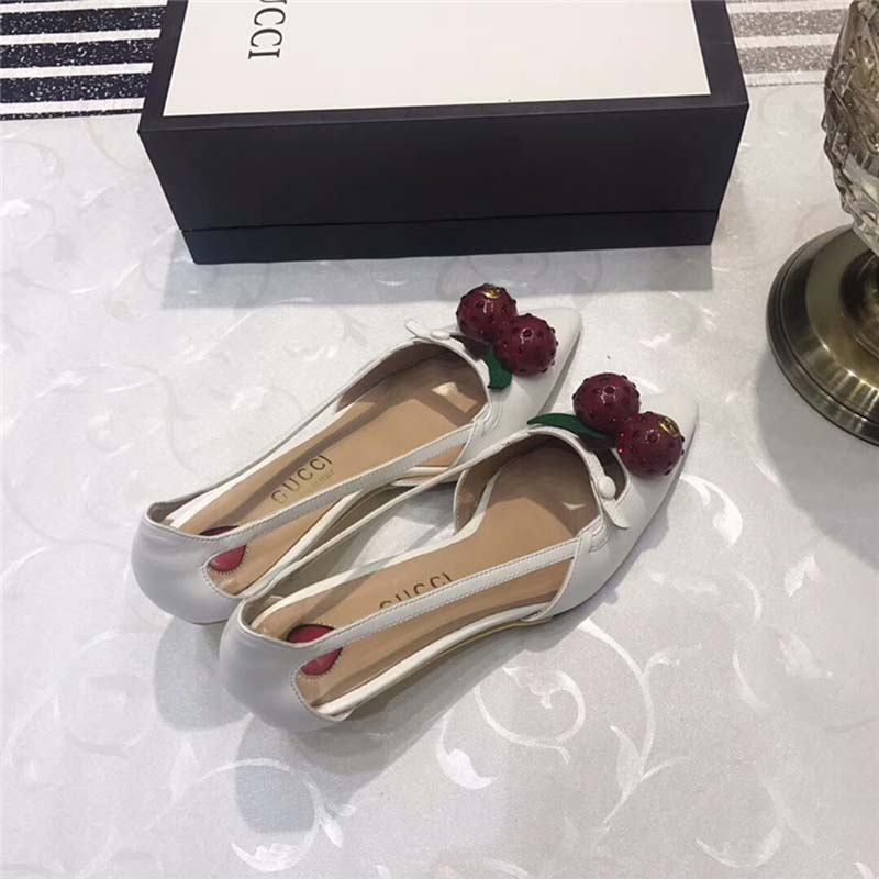 Gucci Women Leather Cherry Pump Shoes-White