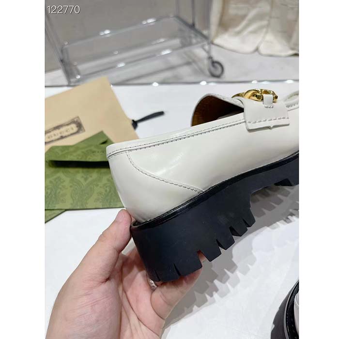 Gucci Women GG Interlocking G Lug Sole Loafer White Leather Rubber Flat 1.5 CM Heel