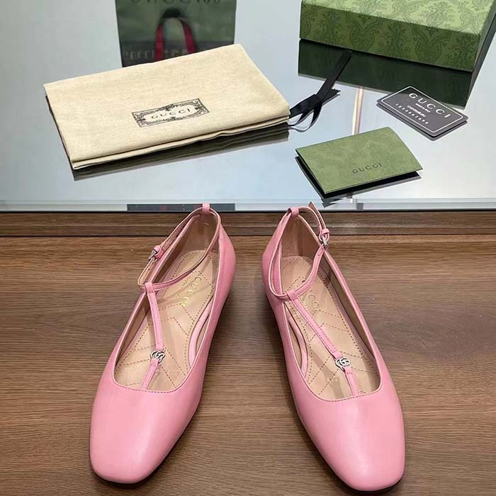 Gucci Women GG Ballet Flat Double G Pink Leather Sole Flat 1 Cm Heel