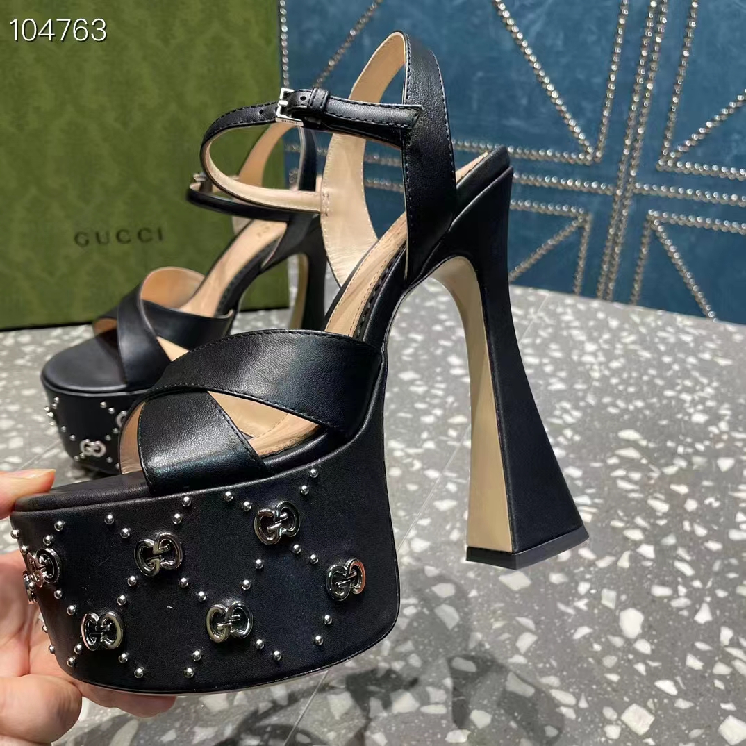 Gucci Women GG Interlocking G Studs Sandal Black Leather Spool High 15 Cm Heel