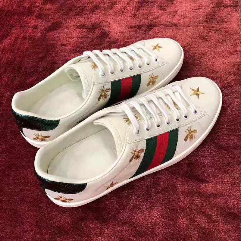 Gucci Men’s Ace Embroidered Sneaker in White Leather with Bees and Stars