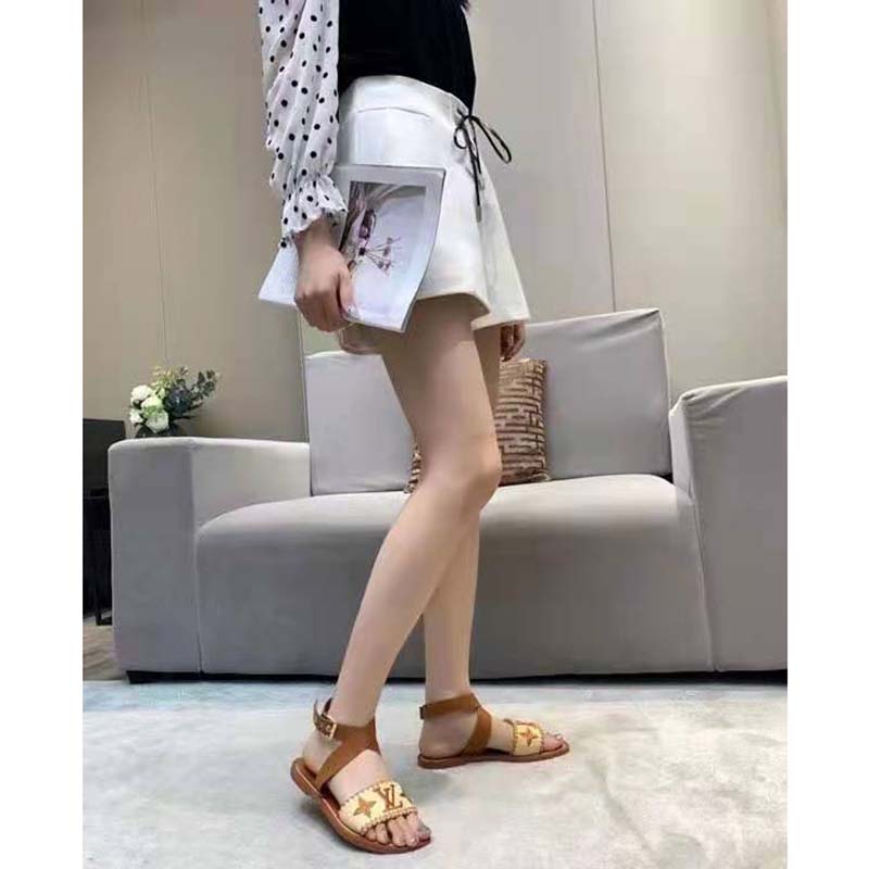 Louis Vuitton LV Women Sienna Flat Sandal Cognac Brown Raffia Leather Outsole