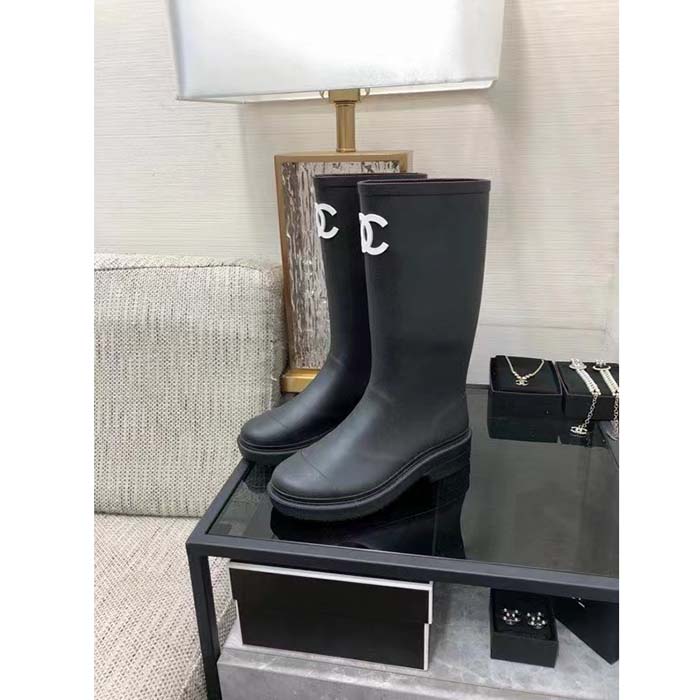 Chanel Women CC High Boots Caoutchouc Leather Black