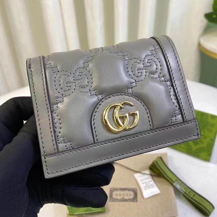 Gucci Unisex GG Marmont Card Case Wallet Grey GG Matelassé Leather Double G