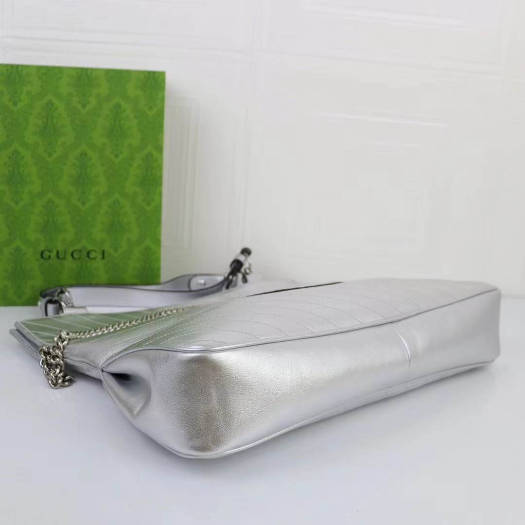 Gucci Unisex Blondie Medium Tote Bag Silver Lamé Leather Round Interlocking G