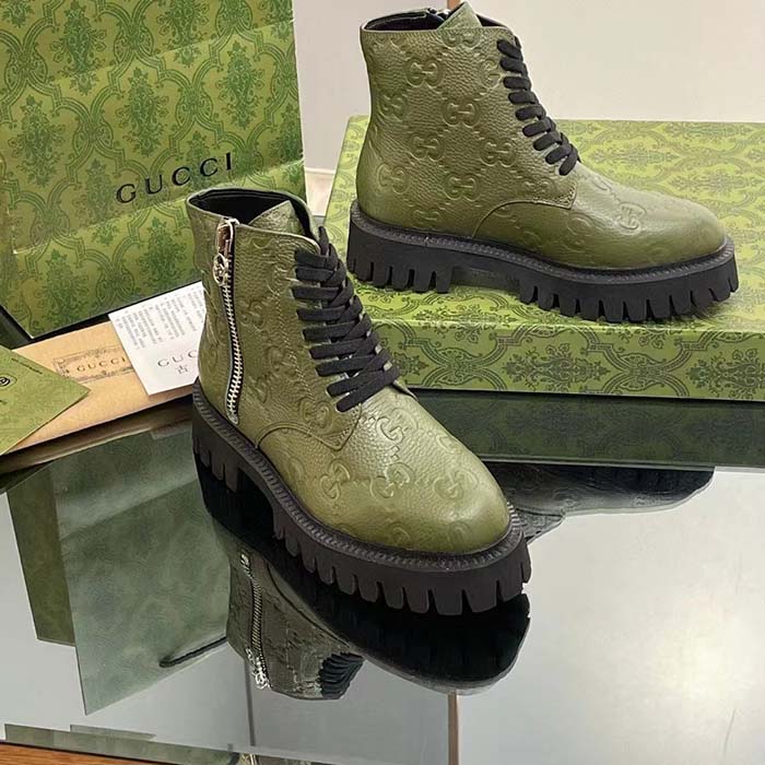 Gucci Unisex GG Leather Boot Dark Green Rubber Lug Sole Lace-Up Interlocking G Low-Heel