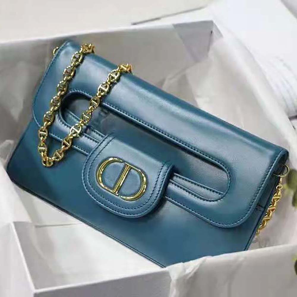 Dior Women Medium Diordouble Bag Deep Ocean Blue Smooth Calfskin