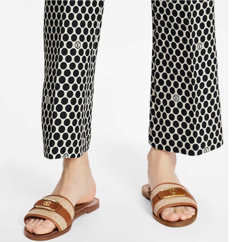 Louis Vuitton LV Women Lock It Flat Mule Cognac Brown Raffia Calf Leather