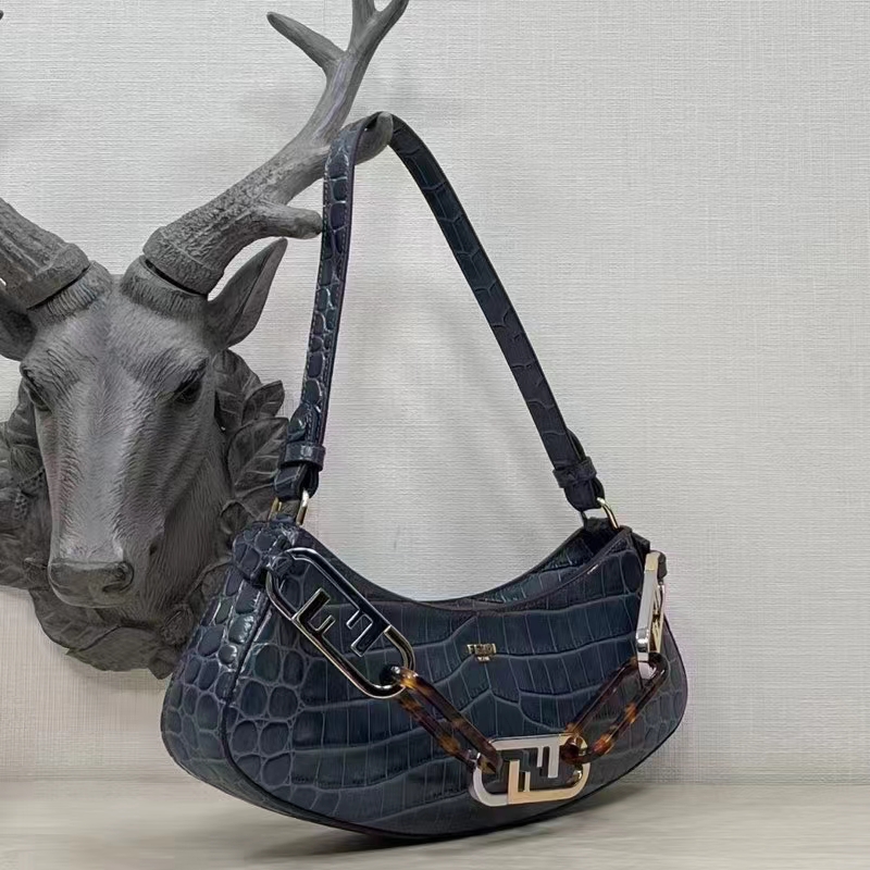 Fendi Women FF O’Lock Swing Dark Blue Crocodile Leather Pouch