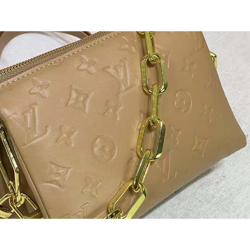 Louis Vuitton LV Unisex Coussin PM Camel Monogram-Embossed Puffy Lambskin Calfskin
