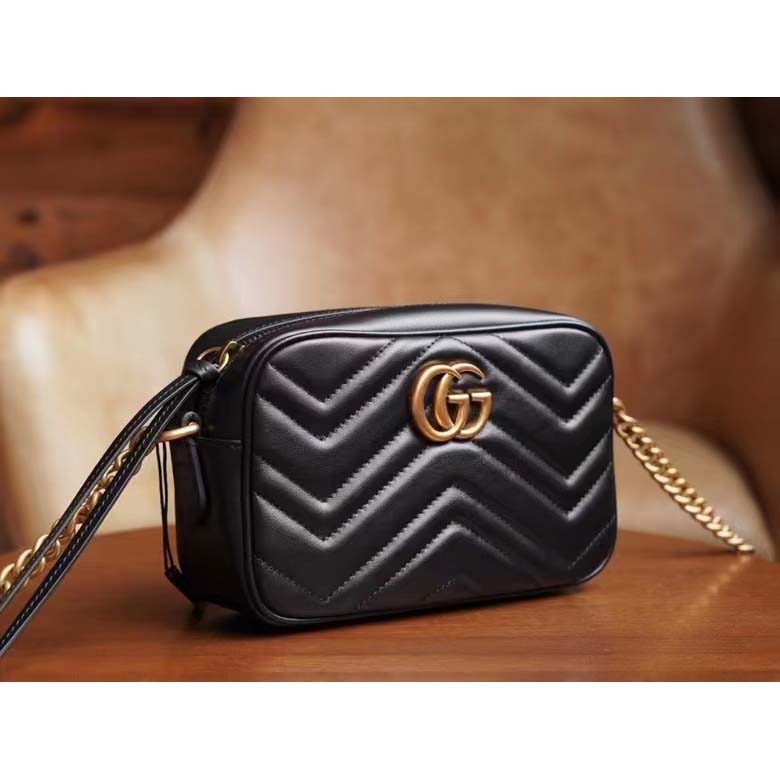 Gucci Women GG Marmont Matelassé Mini Bag Black Matelassé Chevron Leather Double G
