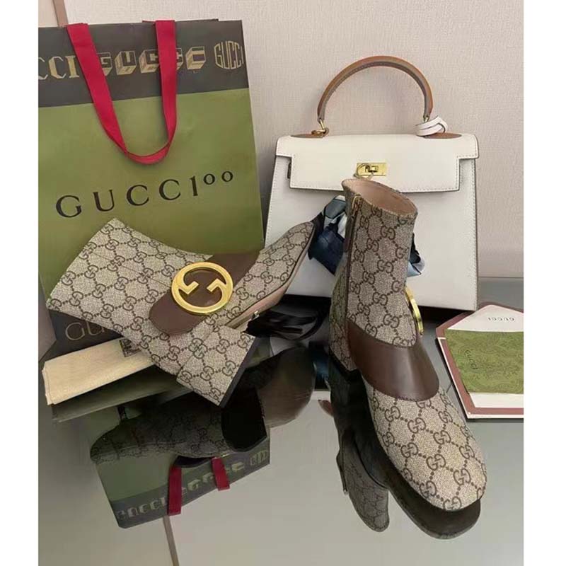 Gucci Blondie Women’s Ankle Boot Beige Ebony GG Supreme Canvas Low 5 Cm Heel