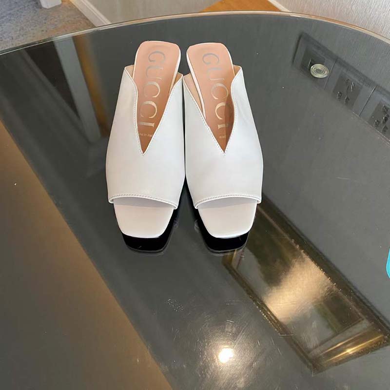 Gucci Women GG Low Heel Sandal White Leather Square Toe Leather Sole 3 Cm Heel