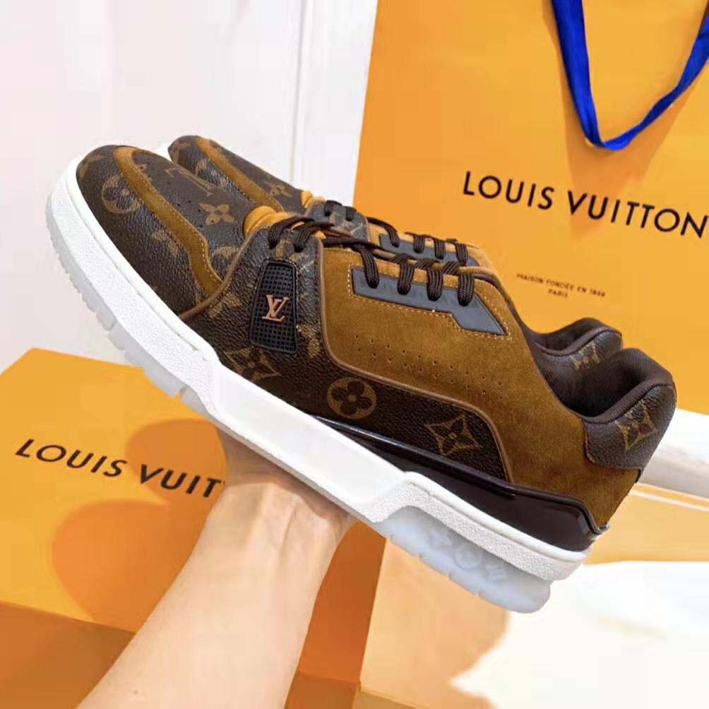 Louis Vuitton LV Unisex LV Trainer Sneaker in Monogram Canvas and Suede Calf Leather-Brown