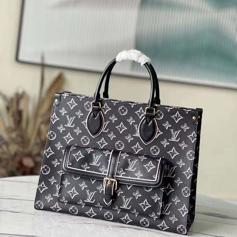 Louis Vuitton LV Unisex Onthego MM Tote Black Monogram Coated Canvas