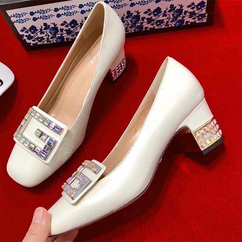 Gucci Women Shoe Leather Mid-Heel Pump with Crystal G 50mm Heel-White