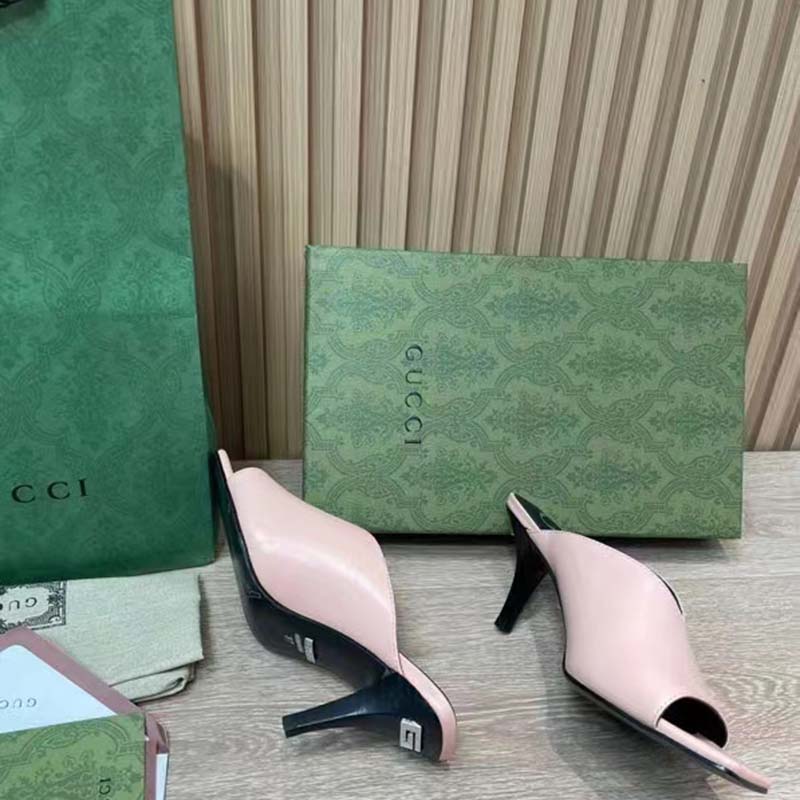 Gucci Women GG Mid-Heel Open Toe Pump Light Pink Leather Square Toe