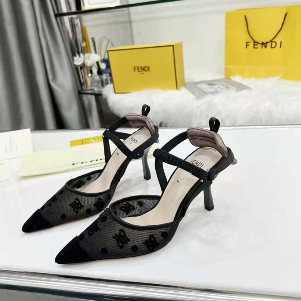Fendi Women Colibri Lite High-Heeled Black Mesh and FF Karligraphy Slingbacks