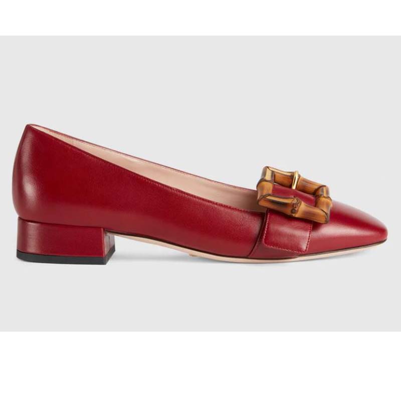 Gucci GG Women Ballet Flat with Bamboo Buckle Dark Red Leather