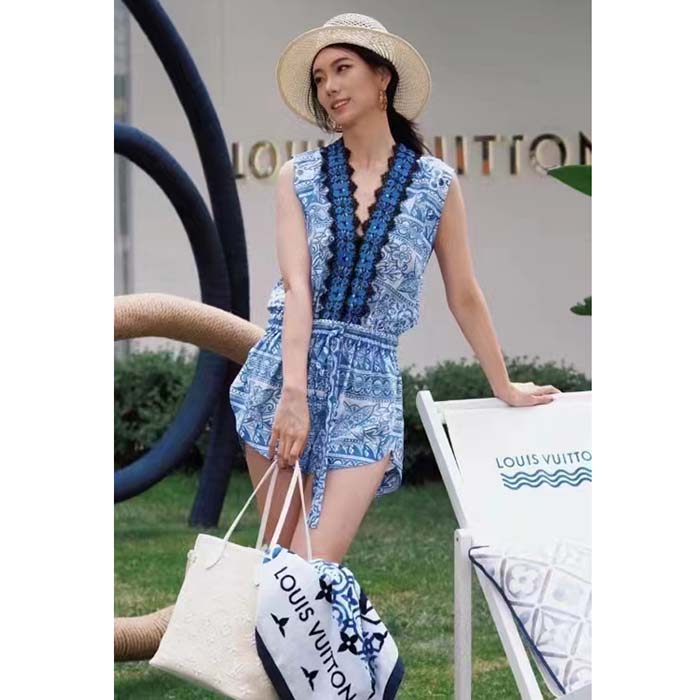 Louis Vuitton LV Unisex Neverfull MM Beige Lotus Cotton Cowhide Leather