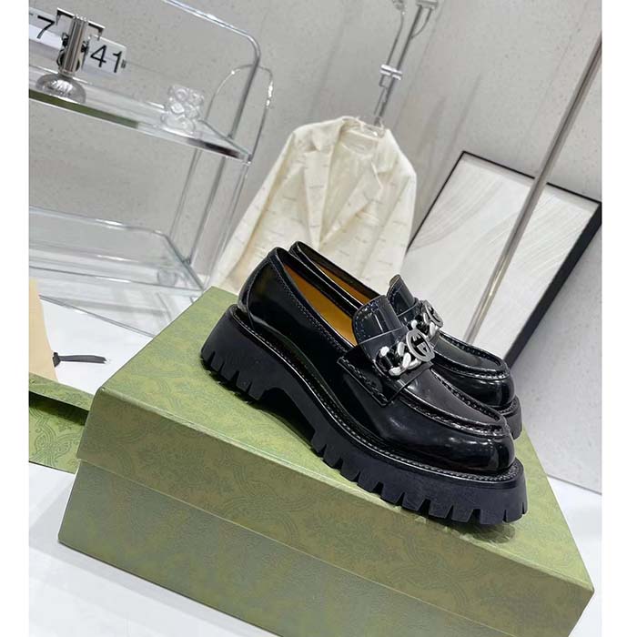Gucci Women GG Interlocking G Lug Sole Loafer Black Leather Rubber Flat 1.5 CM Heel
