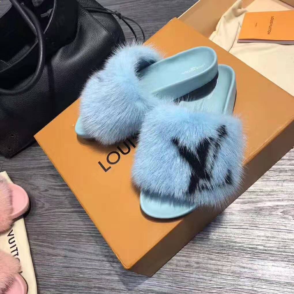 Louis Vuitton LV Women Furry Sandals in Mink Hair Leather-Blue