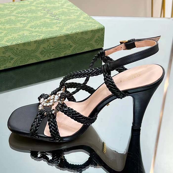 Gucci Women Crystal Interlocking G Sandal Black Braided Leather High 9 Cm Heel