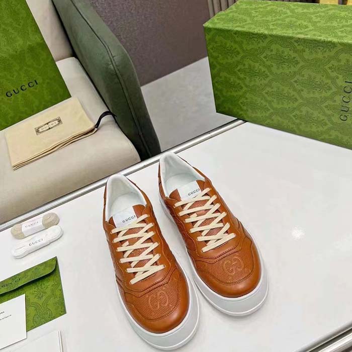 Gucci Unisex GG Sneaker Interlocking G Brown Perforated Leather Rubber Mid 5.6 Cm Heel